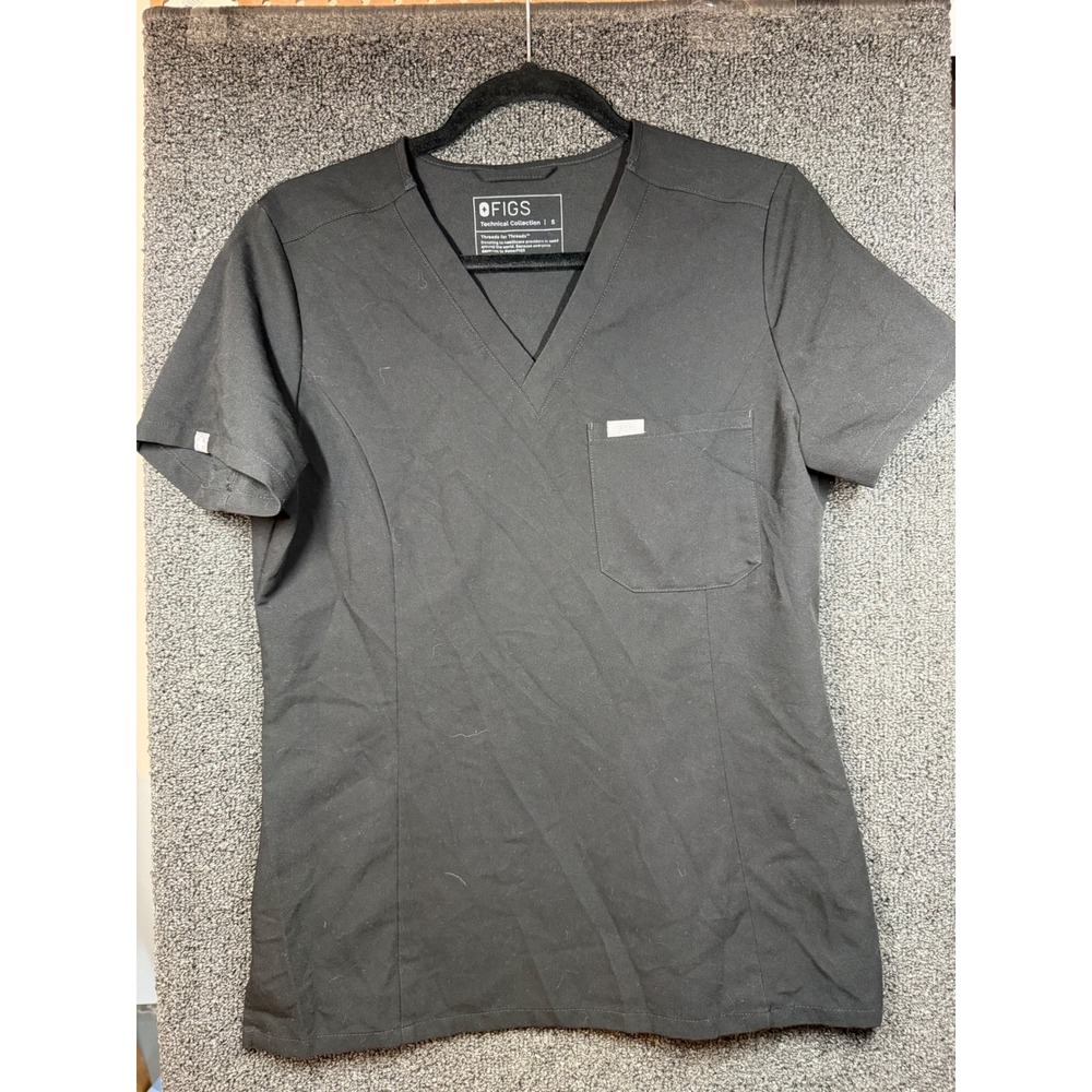 FIGS Scrub Top Women Small Black V-Neck Technical Collection Pocket 88